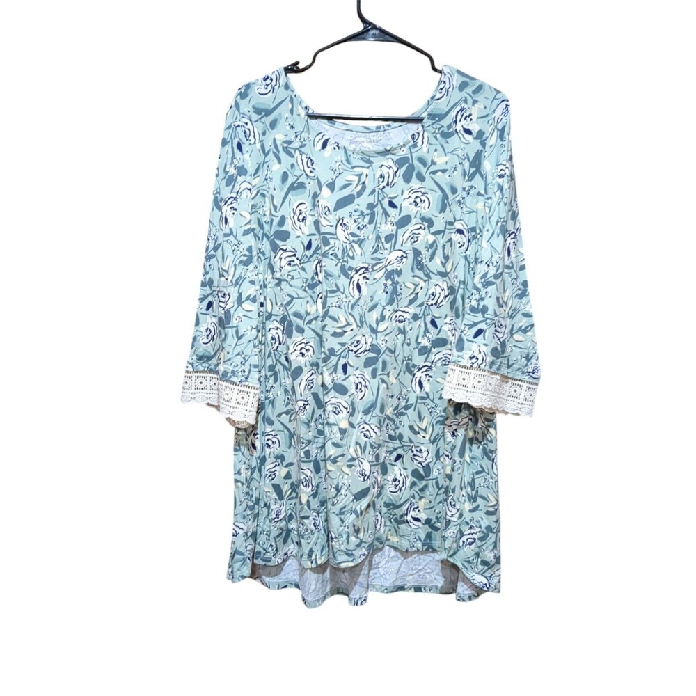 Woman Within 3XL Tunic Top 3/4 Sleeve Lt Green Floral Crochet Trim
